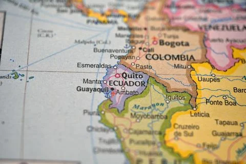 Soft Blurred World Map Focus on Quito with Defocused Background Stock Photos