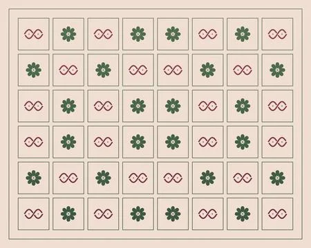 A soft blush grid alternates eight-petal blooms with looping symbols in bur.. Stock Illustration