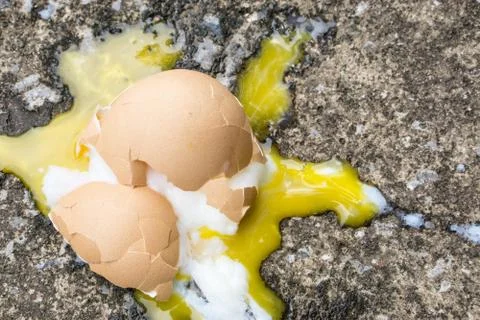 Soft boiled egg broken on the floor., copy space for text., food expired conc Stock Photos