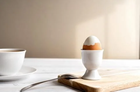 Soft boiled egg in egg cup with spoon on wooden board with copy space. natural Stock Photos
