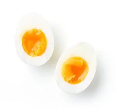 Soft boiled eggs isolated on white, from above Foto stock