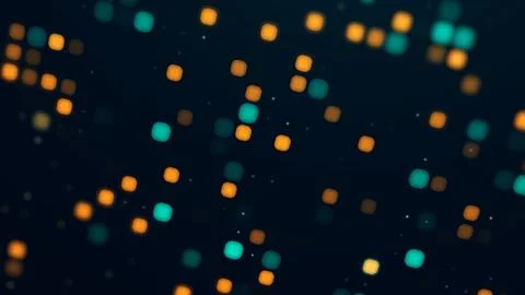 Soft bokeh particles with orange and teal glowing lights on dark halftone b.. Stock Illustration