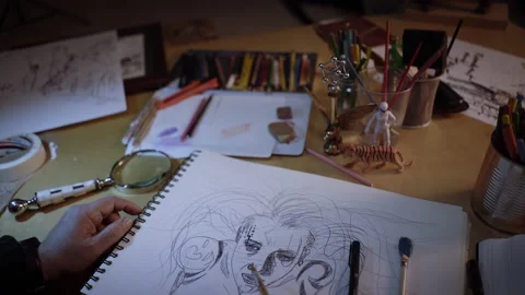 Soft camera movement, back view of an artist working in the studio in a creat Stock Footage 152375736