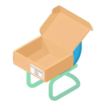 Soft chair icon isometric vector. Bright blue soft chair and open big wooden box Illustrazione stock