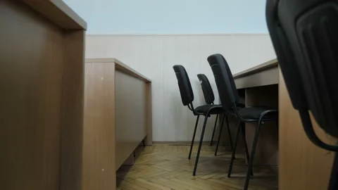 Soft Chairs Between  Desks In Class Or Conference Room Stock Footage 164685113
