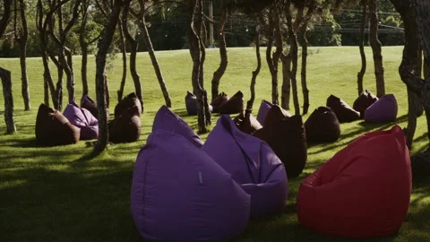 Soft chairs stand on the grass among the trees in the recreation area in the Video stock 344755413