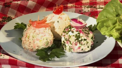 Soft cheese, semi-hard cheese and tomato &amp; mozzarella skewers Stock Footage 8570610