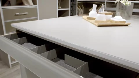 Soft Close Drawer Opening on Modern Kitchen Island, Kitchen Studio, Static Shot Stock Footage 341394783