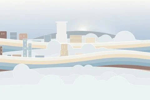 Soft cloud city dreamscape with curved rainbow road, layered bottom clouds, and 스톡 일러스트