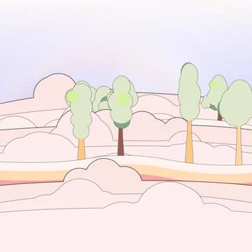 Soft cloud forest dreamscape with radial light sky, classic, and curved rainbow 스톡 일러스트