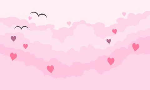Soft clouds in pink sky with hearts and birds, cloud love background, vector Stock Illustration