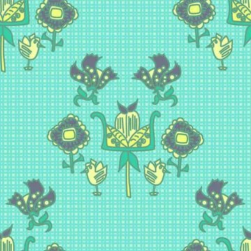 Soft Colored Floral Repeat Vector Pattern With Cute Birds On An Aqua Backgrou Illustrazione stock