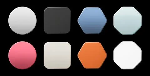 Soft colors 3d buttons pack isolated on black background. Round, square, octagon Stock Illustration