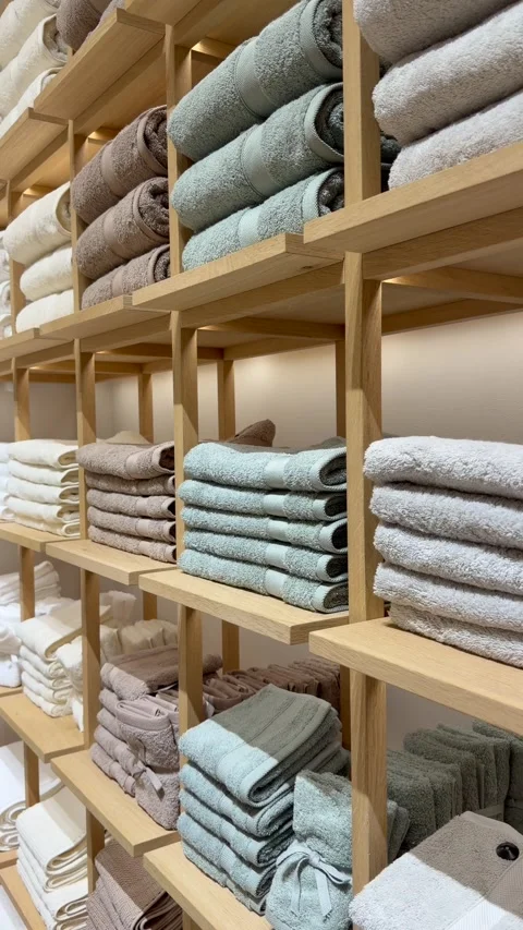 Soft cotton towels stacked in precise rows on wooden shelves show premium retail Stock Footage 334577779