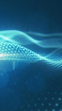 Soft cyan digital particle wave on a blue background, representing futurist.. Stock Illustration