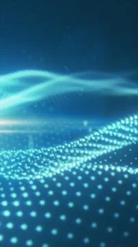 Soft cyan digital particle wave on a blue background, representing futurist.. Stock Illustration