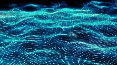 Soft cyan glowing particles form a smooth, flowing digital wave structure w.. Illustrazione stock