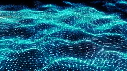 Soft cyan glowing particles form a smooth, flowing digital wave structure w.. Stock Illustration