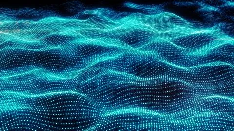 Soft cyan glowing particles form a smooth, flowing digital wave structure wit Stockillustratie