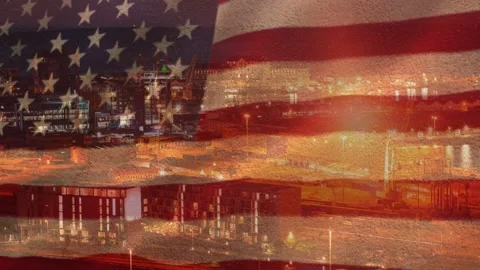 Soft dissolve starting flag overlay shifting, stripes drifting, dock lights Stock Footage 333552744
