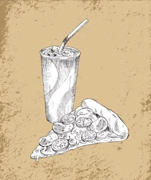 Soft Drink and Pizza Slice Vector Illustration Stock Illustration