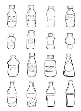 Soft drink bottle, simple hand draw Doodle sketch, set 16 Stock Illustration