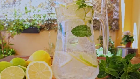 Soft Drink with Ice, Bubbles, Mint, lemon, lime in a glass decanter. Outdoors Stock Footage 274665879