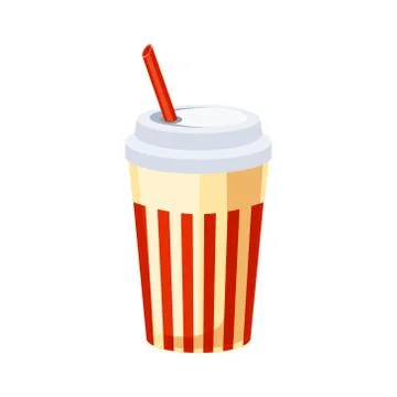 Soft Drink In Paper Cup With Straw, Street Fast Food Cafe Menu Item Colorful Ilustração Stock