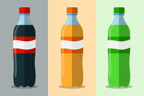 Soft drink plastic bottles vector set cola orange juice green soda beverage. Stock Illustration