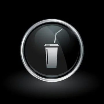 Soft drink soda icon inside round silver and black emblem Stock Illustration
