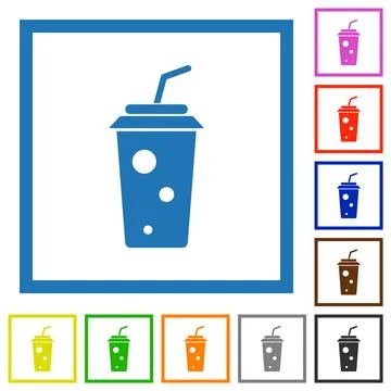 Soft drink with straw solid flat framed icons Stockillustratie