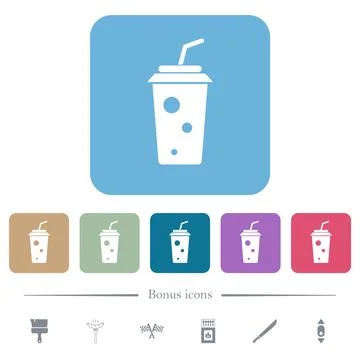 Soft drink with straw solid flat icons on color rounded square backgrounds Illustrazione stock