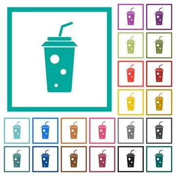Soft drink with straw solid flat color icons with quadrant frames Stock Illustration