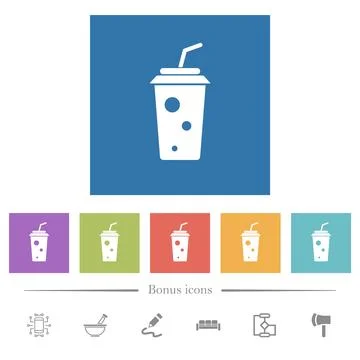 Soft drink with straw solid flat white icons in square backgrounds Stock Illustration