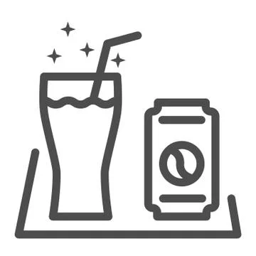 Soft drinks line icon, picnic concept, Soda Can and glass with tube sign on Stock Illustration
