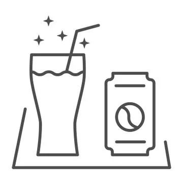 Soft drinks thin line icon, picnic concept, Soda Can and glass with tube sign on Stock Illustration