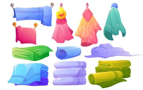 Soft fabric towels hanging, lying, folded in stack 스톡 일러스트