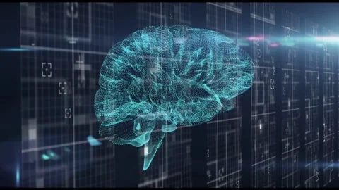 Soft flare rising, turquoise mesh brain rotating, pulsing nodes tracing folds Stock Footage 334768426