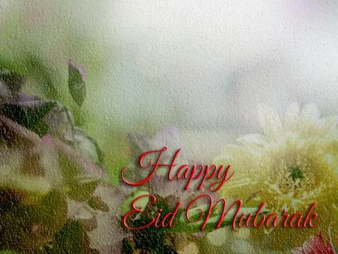 Soft floral greeting card featuring elegant red 'Happy Eid Mubarak' letteri.. Stock Illustration