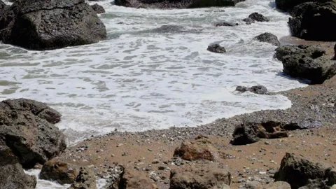 Soft, foamy ocean waves crashing into the rocks and sand of the beach Stock Footage 319803045