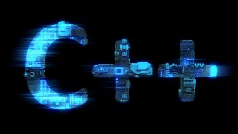 Soft focus glitch electric light cybernetic blue text C++ Illustrazione stock