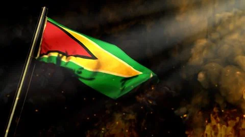 Soft focus Guyana flag on smoke with sun rays background - catastrophe concept Stock Illustration