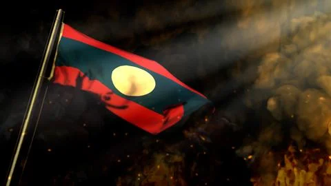 Soft focus Lao People Democratic Republic flag on smoke with sun beams bg Stock Illustration