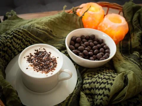 Soft focus, lifestyle at home in autumn,cup of milk with cocoa, time to relax Stock Photos