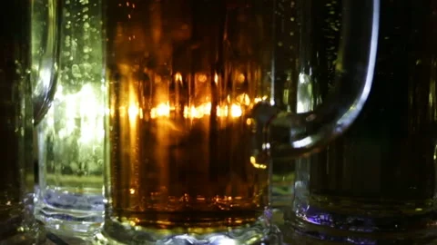 Soft focus, light and dark beer stand beside, close-up, real-time, evening bar,  Stock Footage 87426365