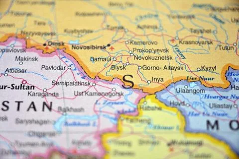 Soft Focus Map View of Biysk on Blurred World Background Stock Photos