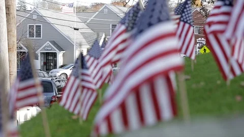 Soft focus of miniature American flags waving in breeze, day. 스톡 동영상 111022599