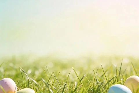 Soft focus pastel Easter eggs nestled in lush green grass with gentle sunligh Stock Photos