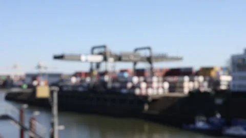 Soft focus rack to Duisport crane above harbor basin Stock Footage 340197812