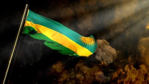 Soft focus Rwanda flag on smoke with sun beams background - crysis concept Stock Illustration